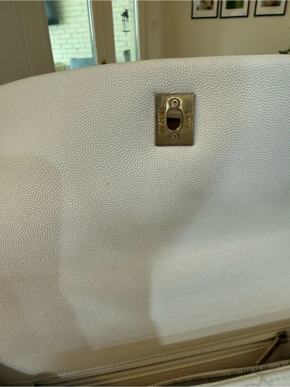 CHANEL White Quilted Top Handle Bag with Pink Handle and Gold Hardware